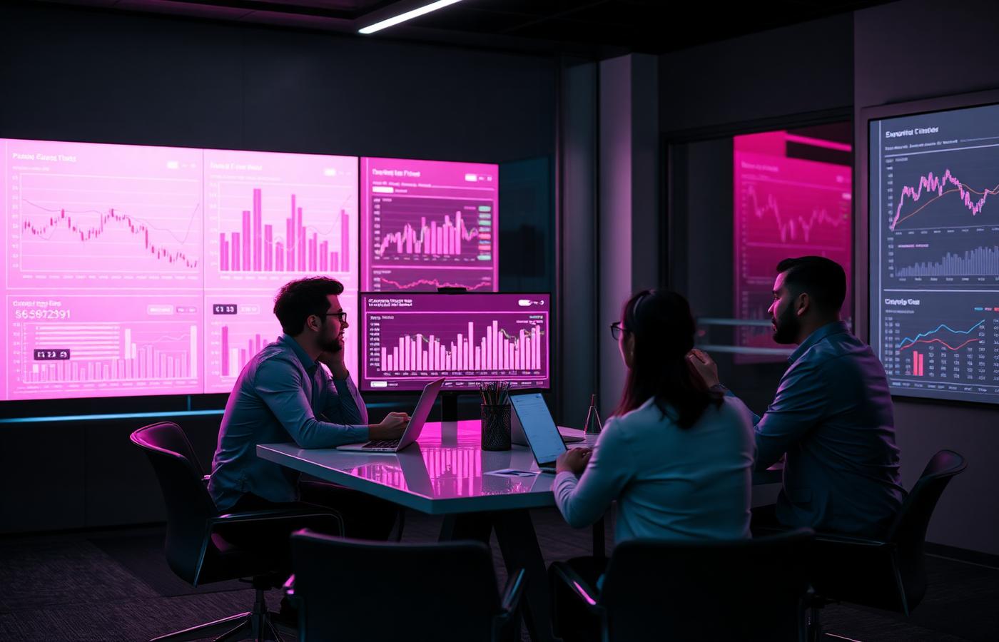Forta Solutions team collaborating around screens showing lending analytics